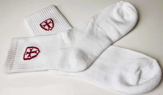 Socks: White cotton sports socks.