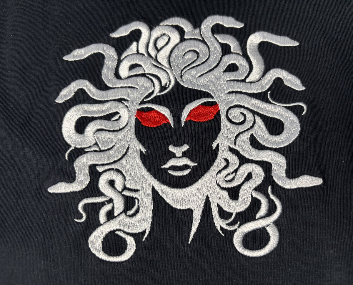 DEAL OF THE WEEK. HALF PRICE UNTIL FRIDAY 18th. White Medusa navy blue long sleeved t-shirt. Paganus Britannia