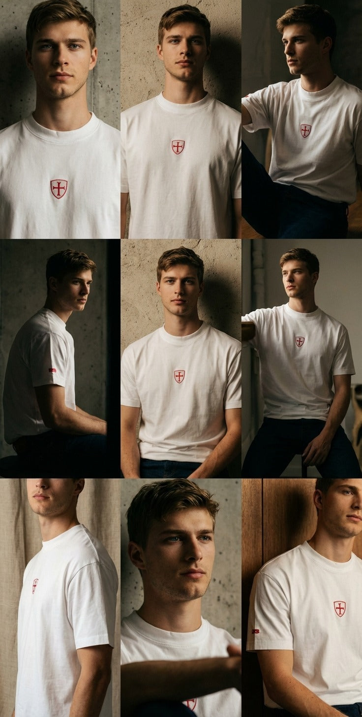 White 260gsm organic combed cotton t-shirt with shield logo. Paganus Britannia