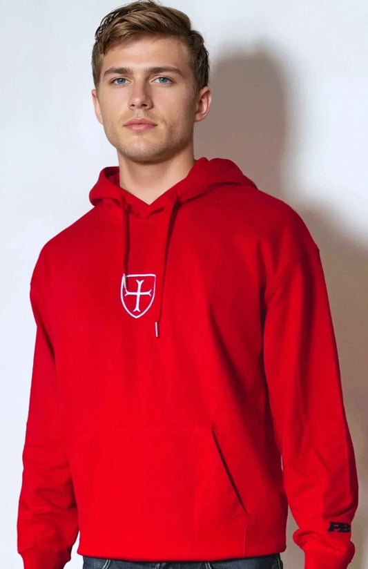 Paganus 400gsm cotton red hoodie with a white patriot shield logo