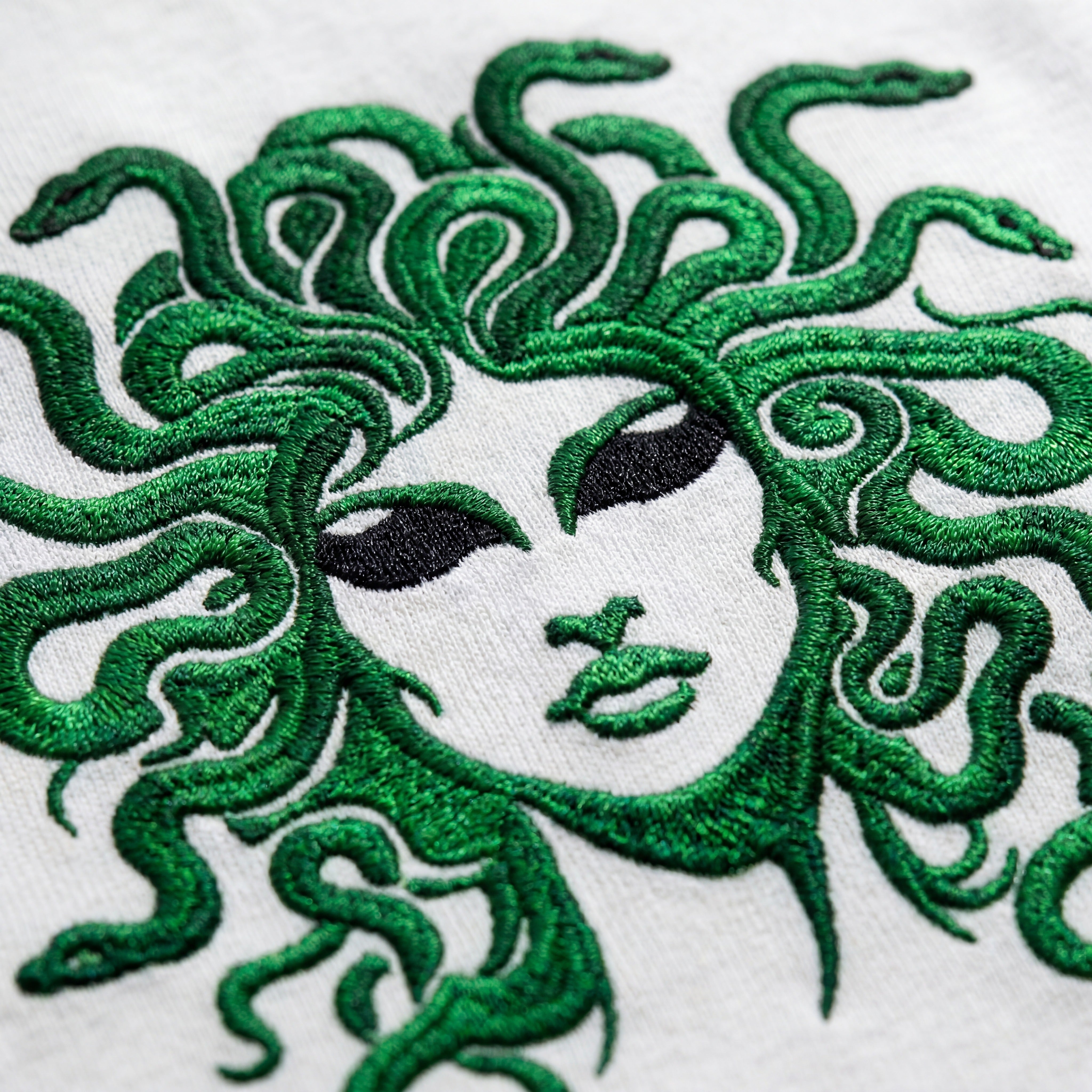 Medusa t-shirt. Gorgeous green and black embroidery design. Paganus Britannia