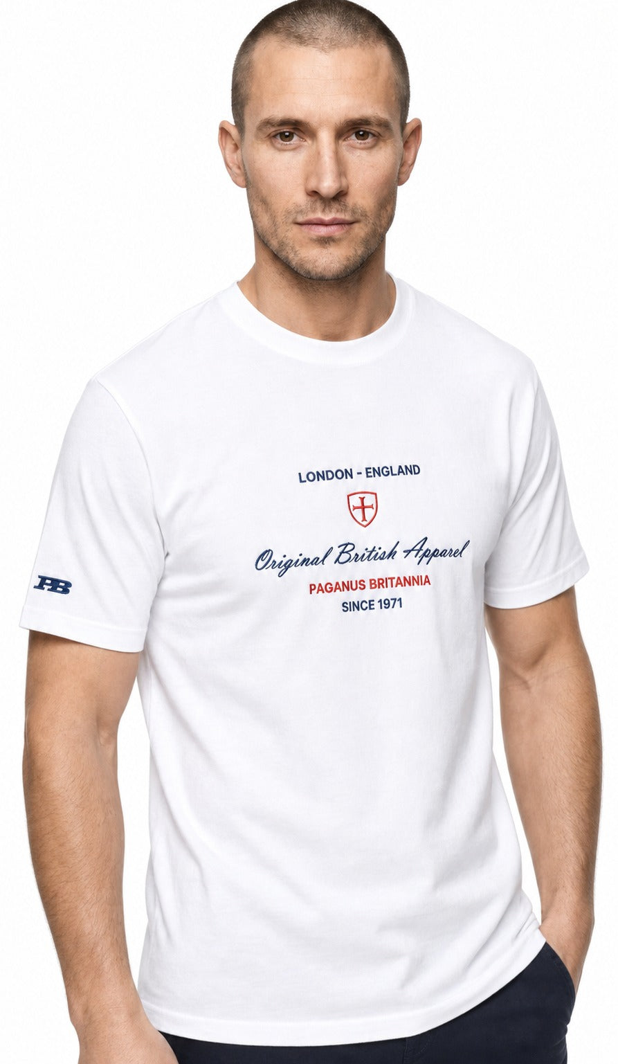 A classic embroidery design. Original British Apparel white 280 gsm t-shirt Paganus Britannia