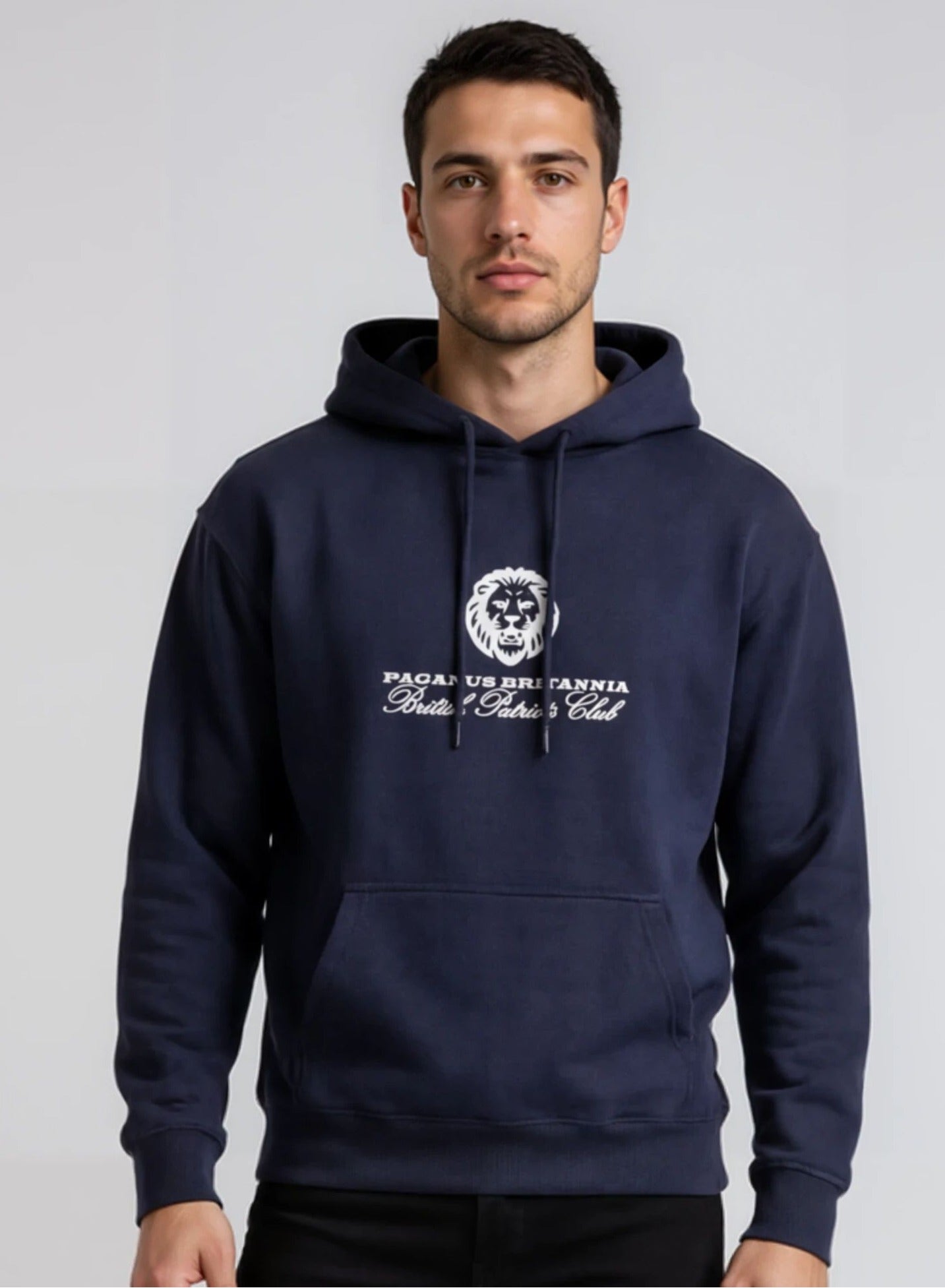 Man wearing a Paganus Britannia navy hoodie British Patriots Club