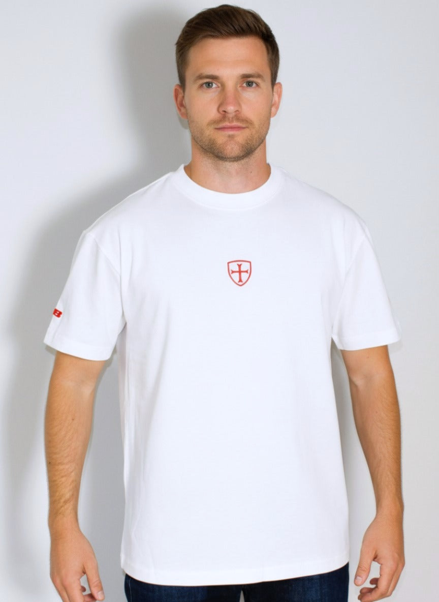 Paganus white t-shirt with red cross logo