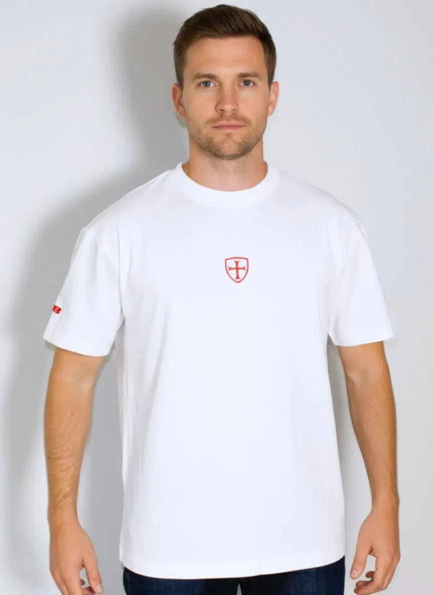 Paganus white t-shirt with red cross logo
