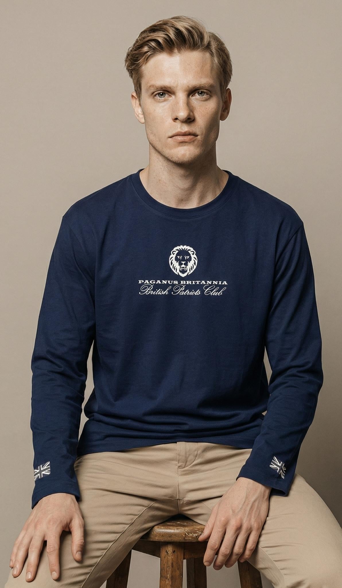 British Patriots Club dark navy blue long sleeved t-shirt. Paganus Britannia