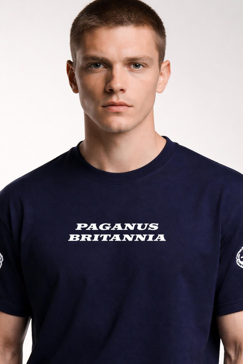 Blue t-shirt. PAGANUS BRITANNIA. Ultra heavy 320GSM organic cotton. SOLD OUT NEW STOCK DUE MID MARCH Paganus Britannia