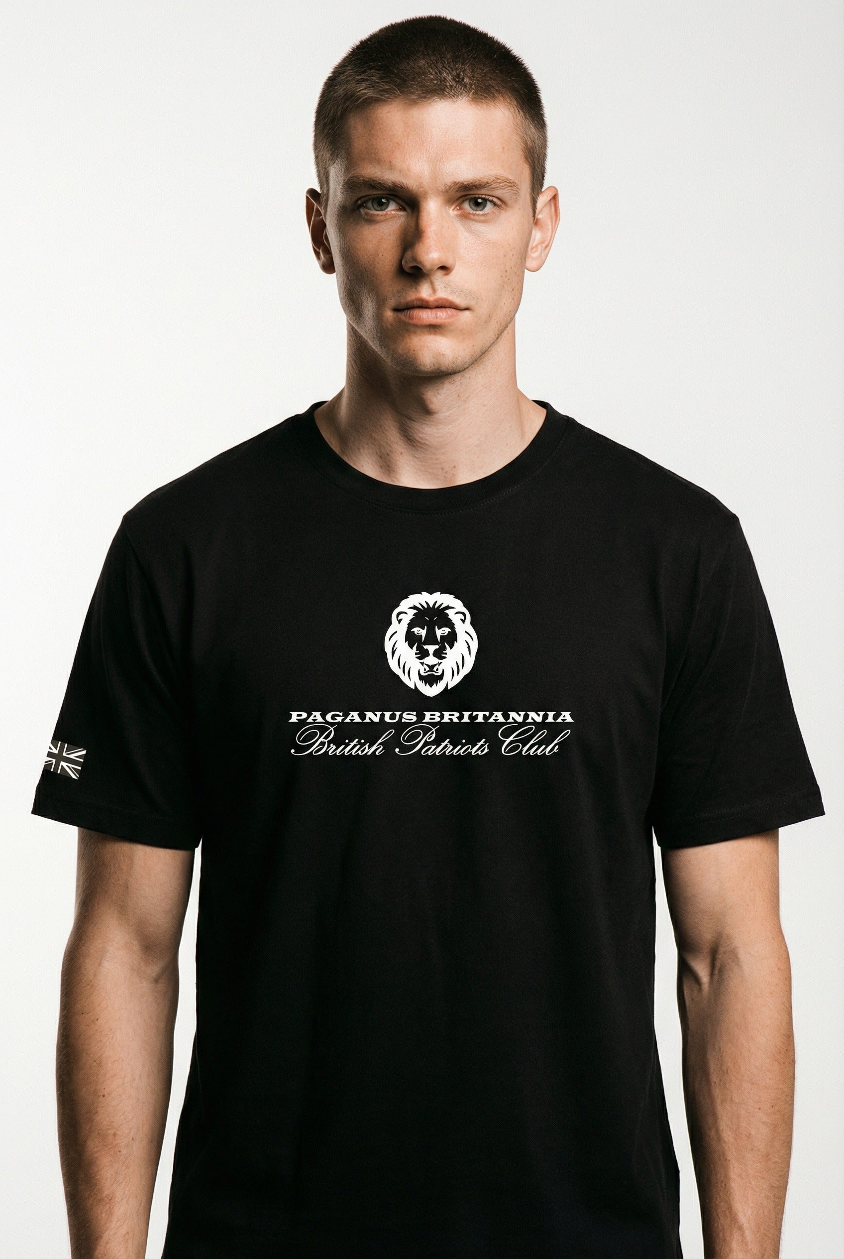 British Patriots Club. Black 280 gsm organic combed cotton t-shirt. Paganus Britannia