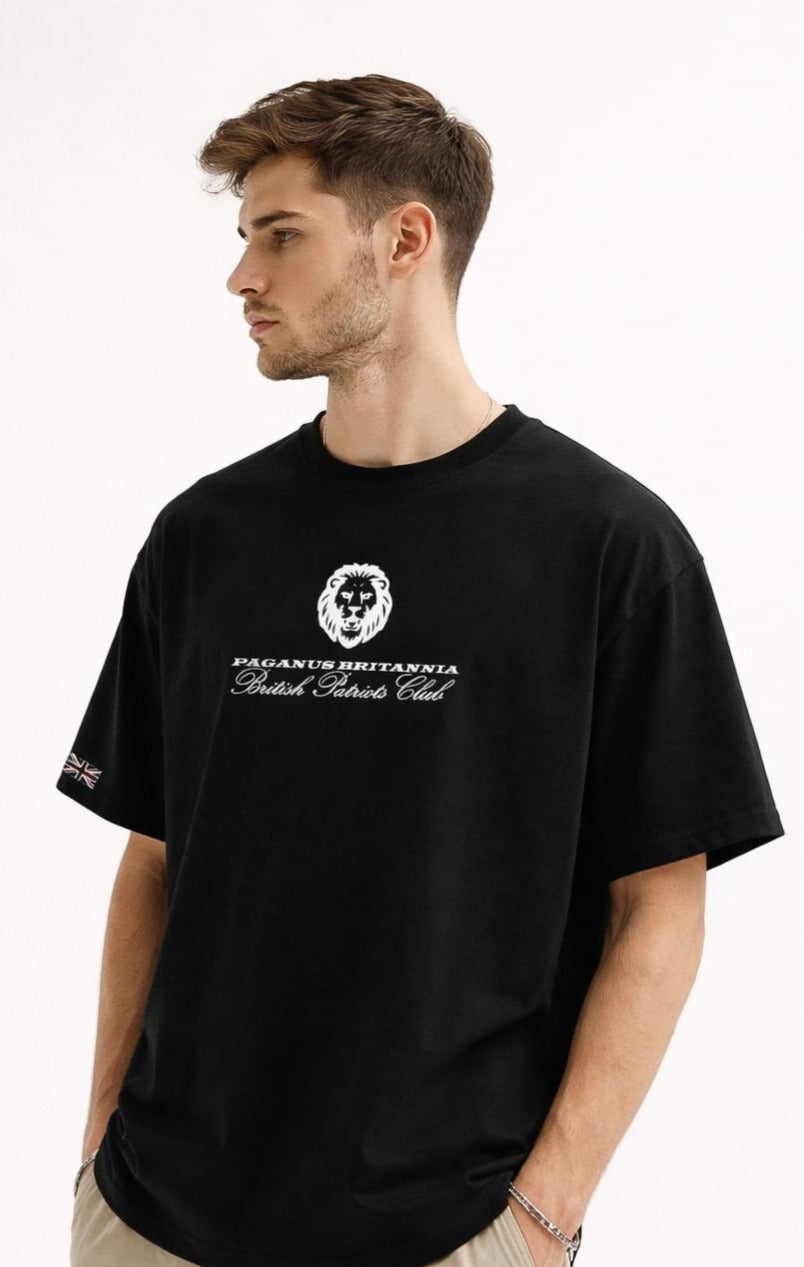 British Patriots Club. Black 280 gsm organic combed cotton t-shirt. Paganus Britannia
