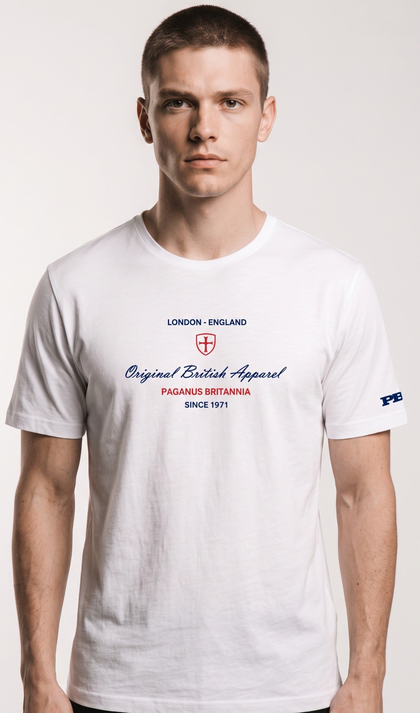 A classic embroidery design. Original British Apparel white 280 gsm t-shirt Paganus Britannia