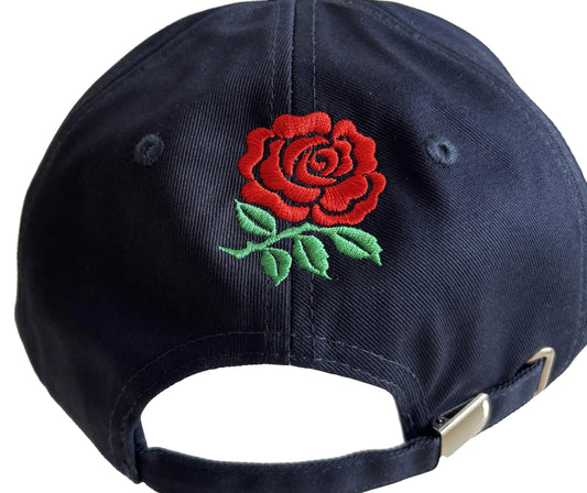 Navy blue cap with a red rose emblem on a white background