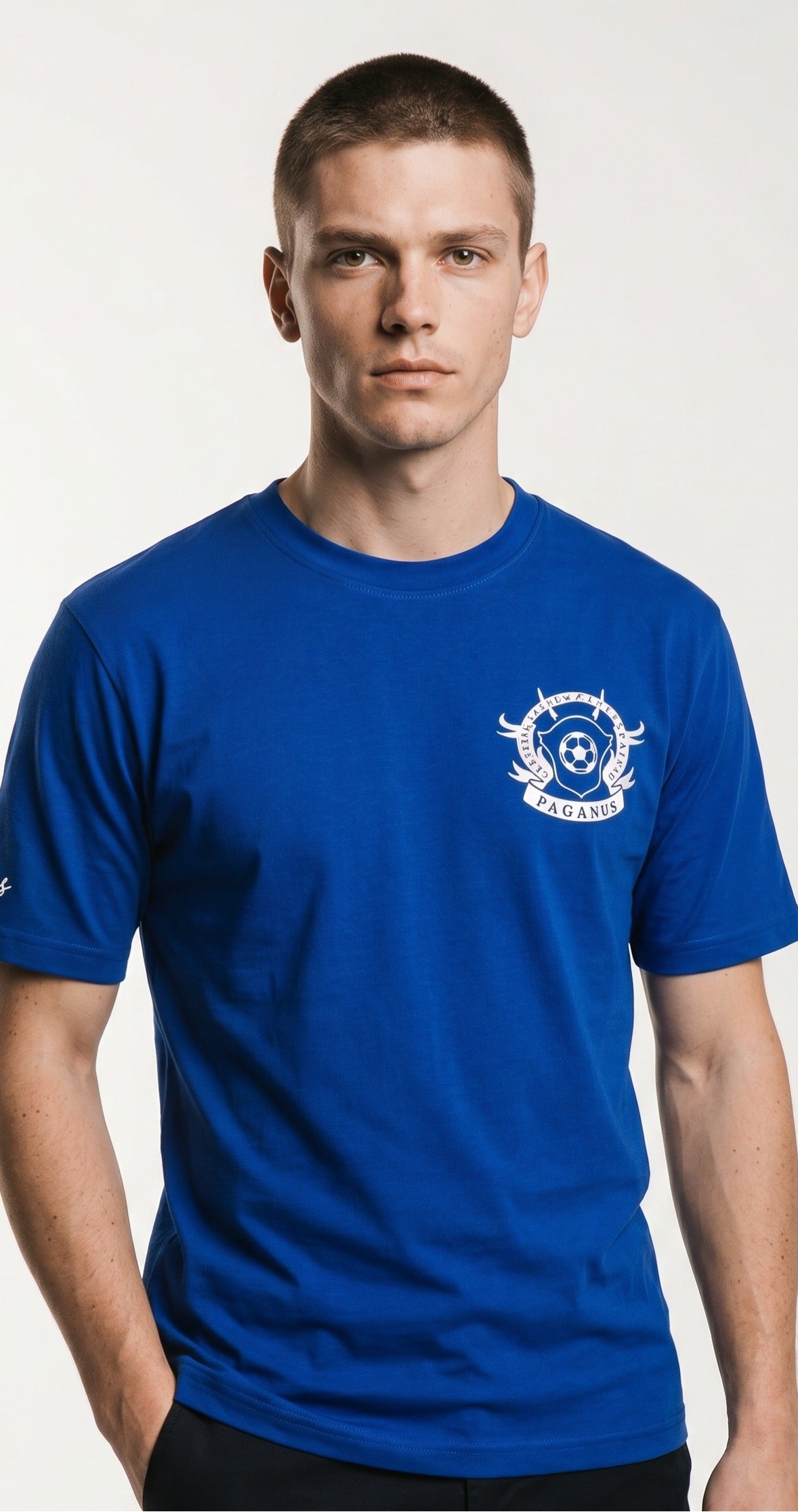 Luxury 280gsm organic combed cotton blue t-shirt. Paganus Britannia