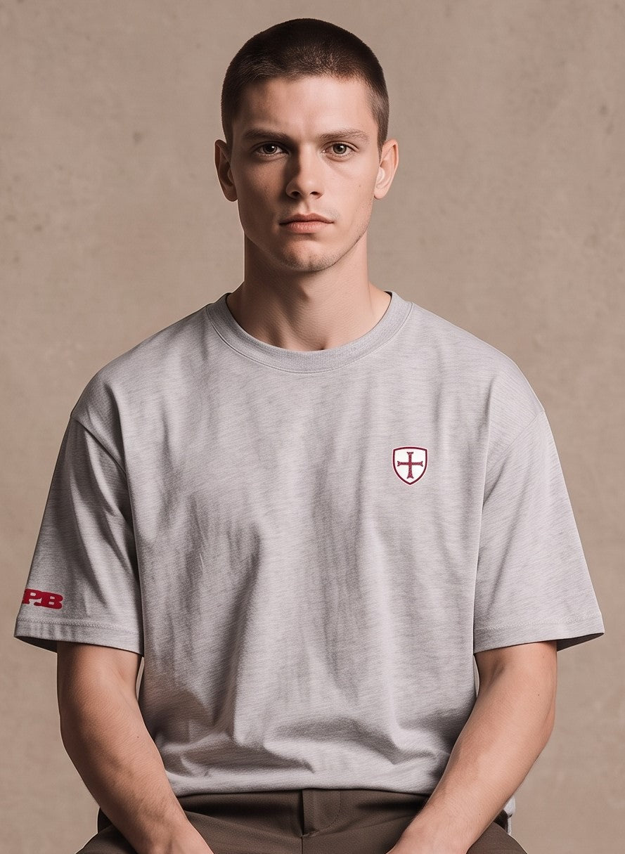 Charity Shield t-shirt, £5 from every sale added to our Key Charities fund. Heather grey Shield t-shirt 280gsm luxury cotton Paganus Britannia