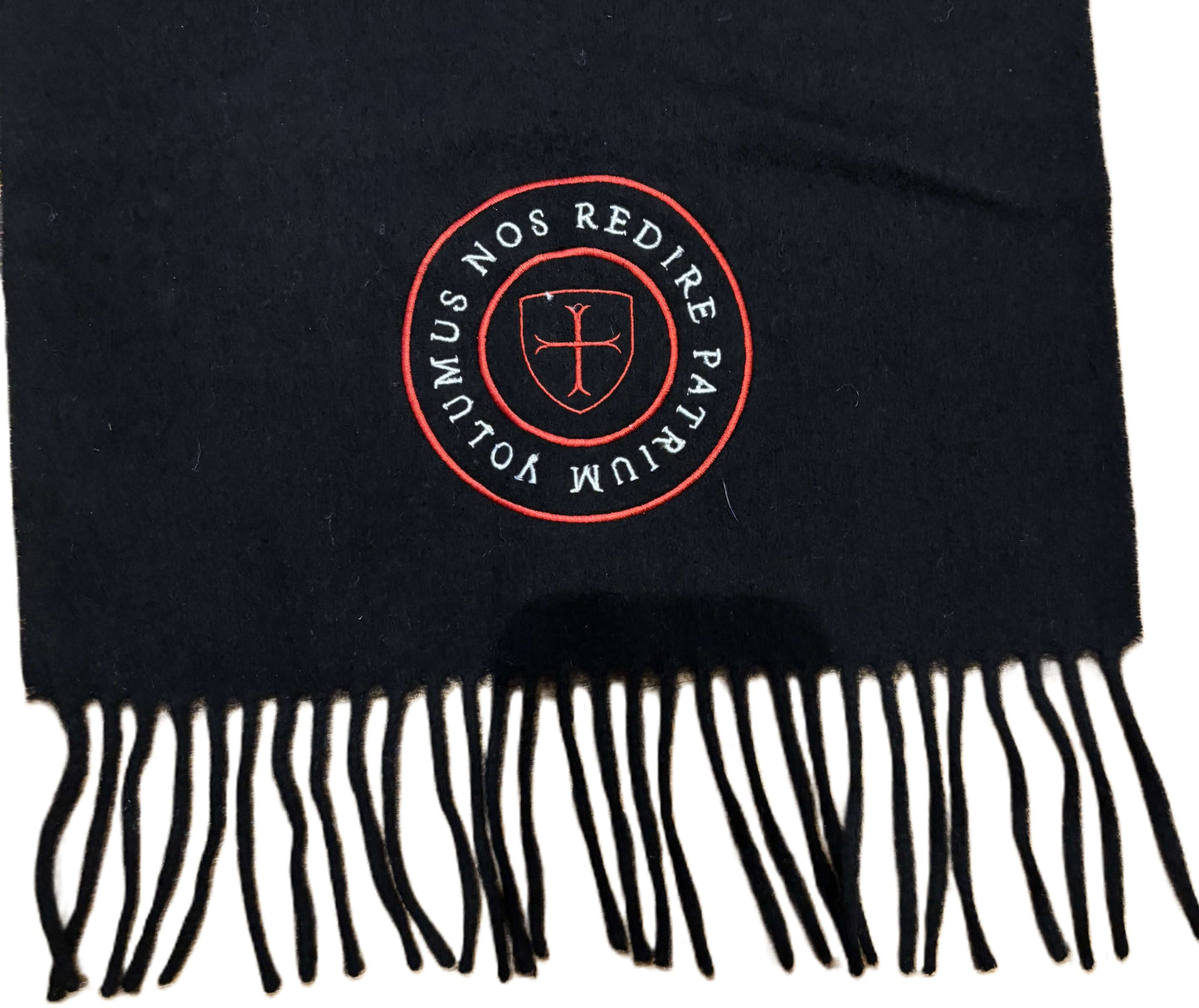 Latin text logo 100% lambs wool black scarf.