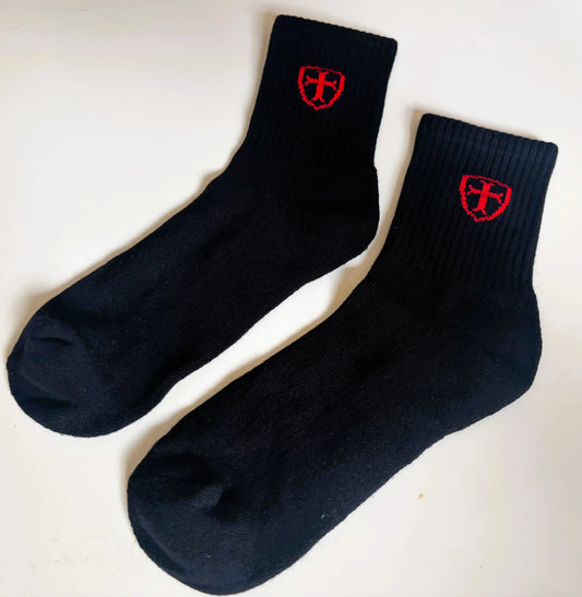 Pair of black socks with red logo