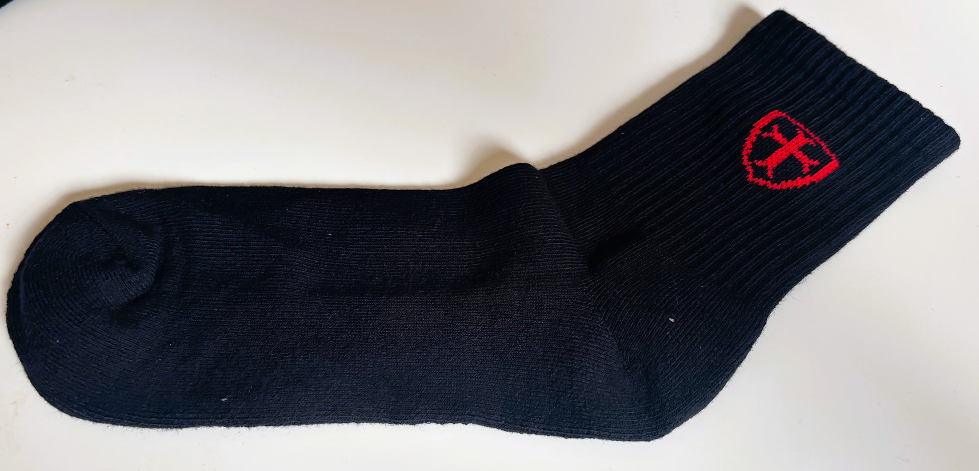 Black socks with red logo