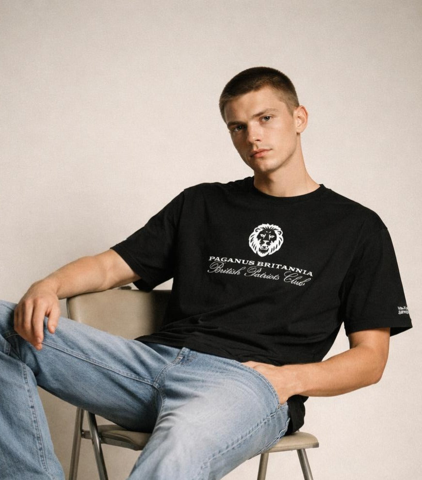 British Patriots Club. Black 280 gsm organic combed cotton t-shirt. Paganus Britannia