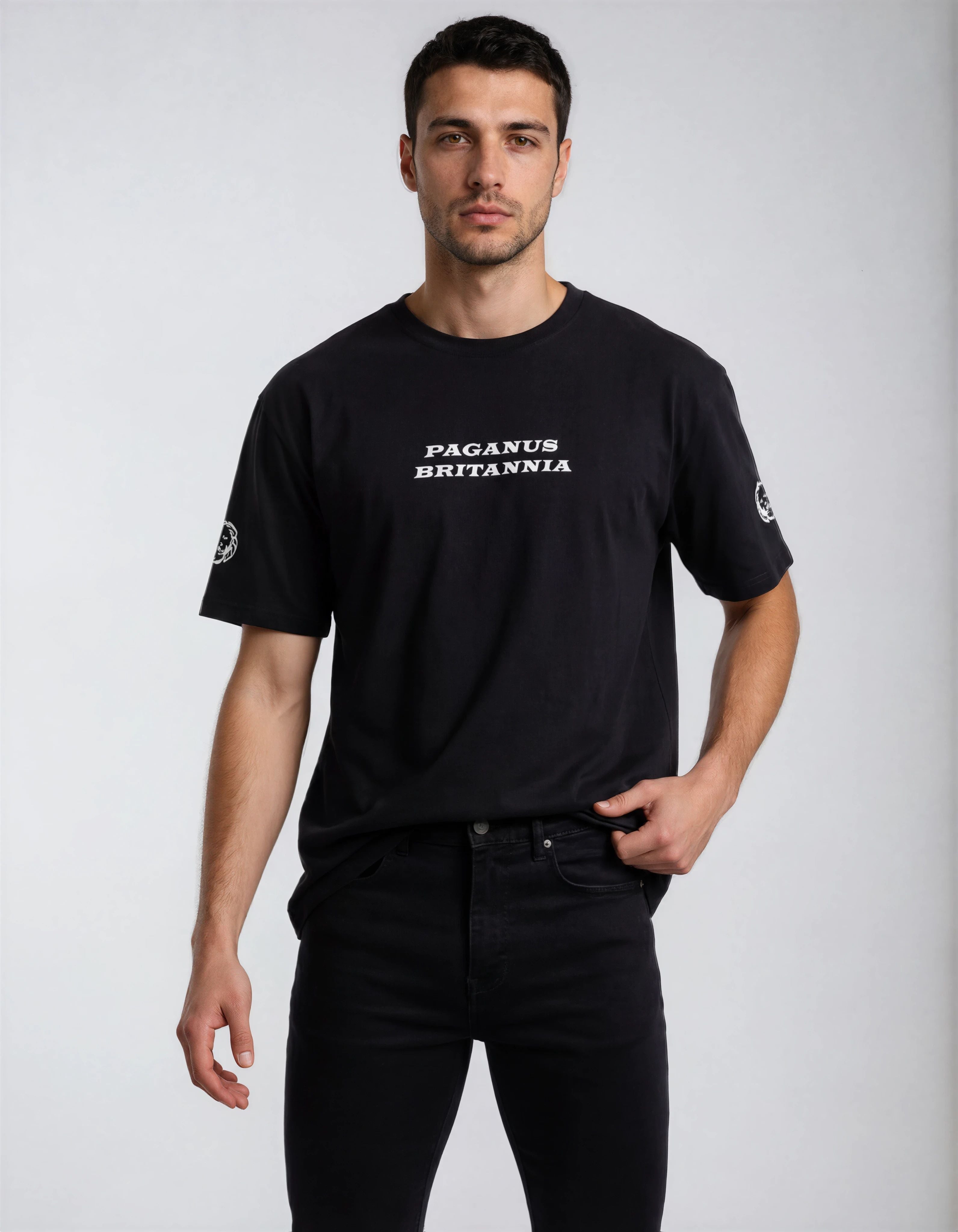 Black ultra heavy t-shirt. PAGANUS BRITANNIA. 320GSM organic cotton. Paganus Britannia