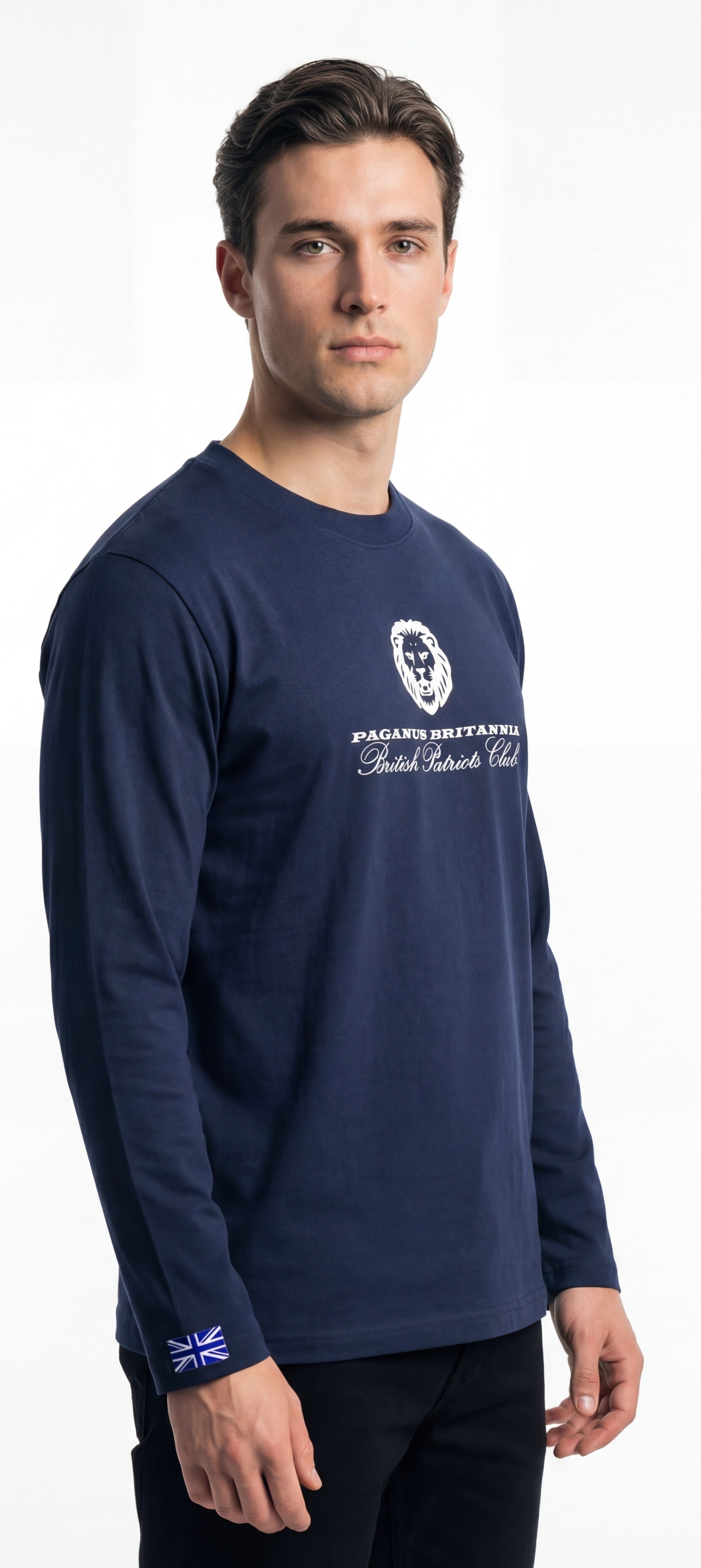 Model wearing blue long sleeved Paganus Britannia British Patriots Club t-shirt