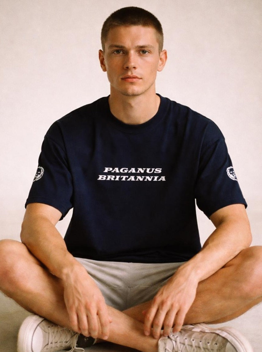 Blue t-shirt. PAGANUS BRITANNIA. Ultra heavy 320GSM organic cotton. Paganus Britannia