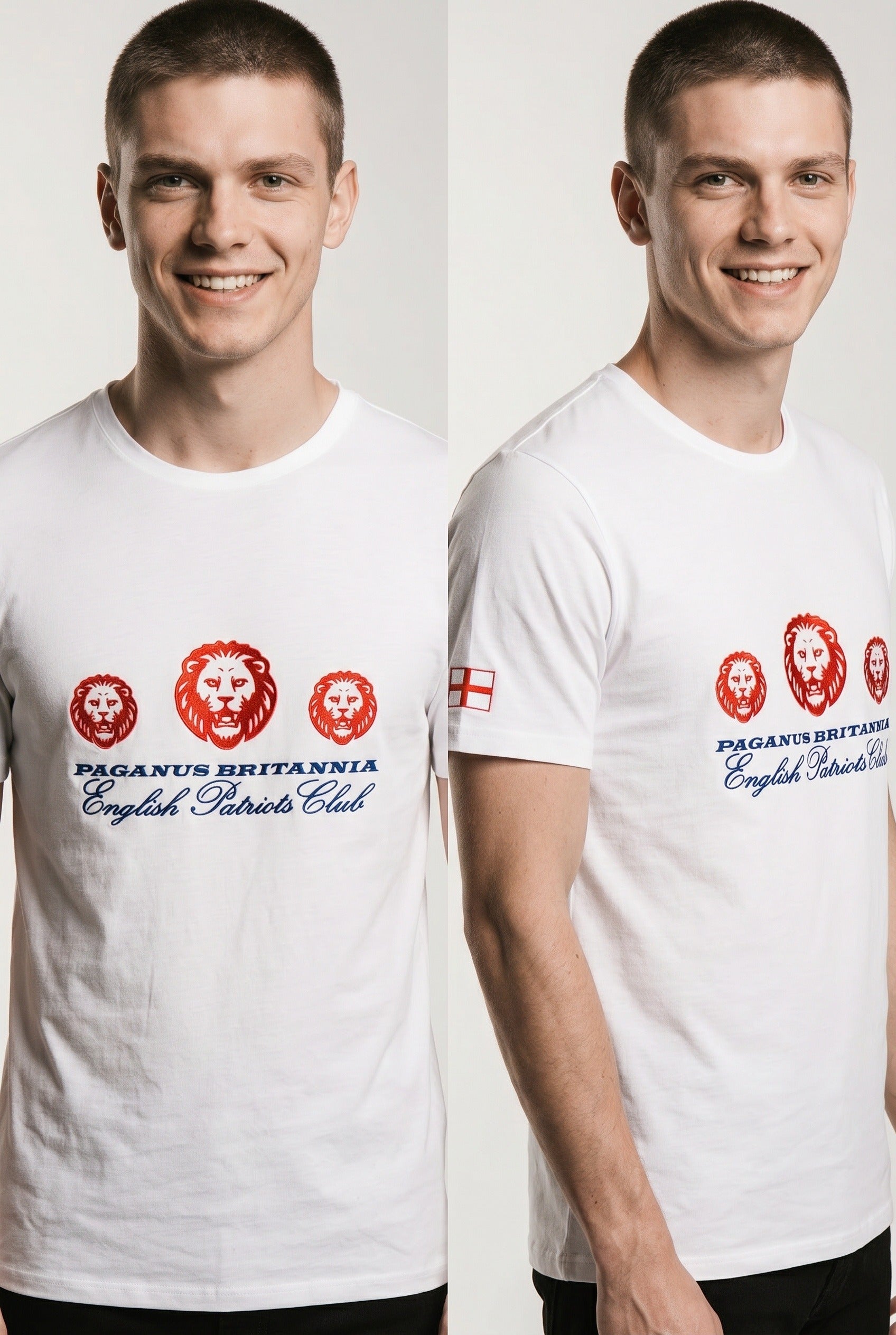3 Lions on a shirt, white t-shirt 280gsm organic combed cotton. Paganus Britannia