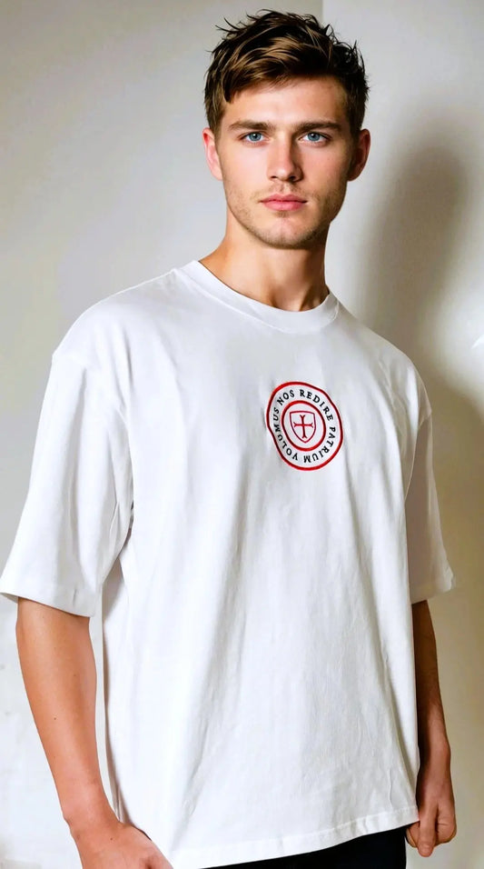 Paganus 280 gsm white t-shirt with a red logo. volumus nos patrium redire