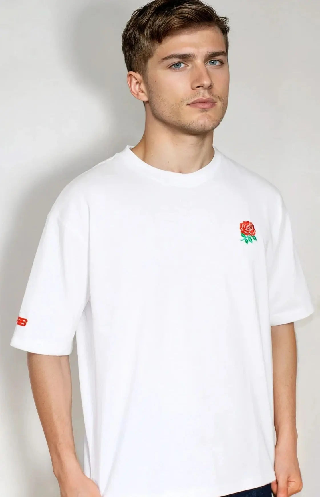 Paganus 280 gsm combed cotton white t-shirt with English rose embroidery