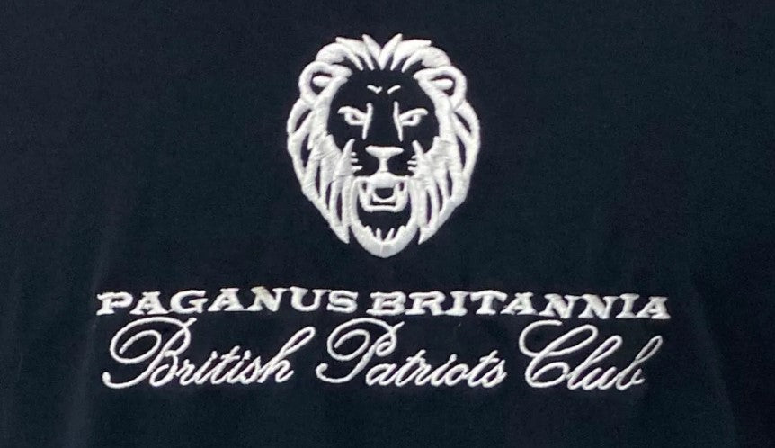 Black shirt with white lion emblem and text 'Paganus Britannia British Patriots Club' on a black background