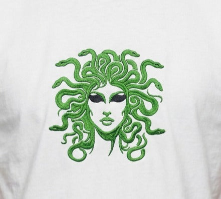 Medusa t-shirt. Gorgeous green and black embroidery design. Paganus Britannia