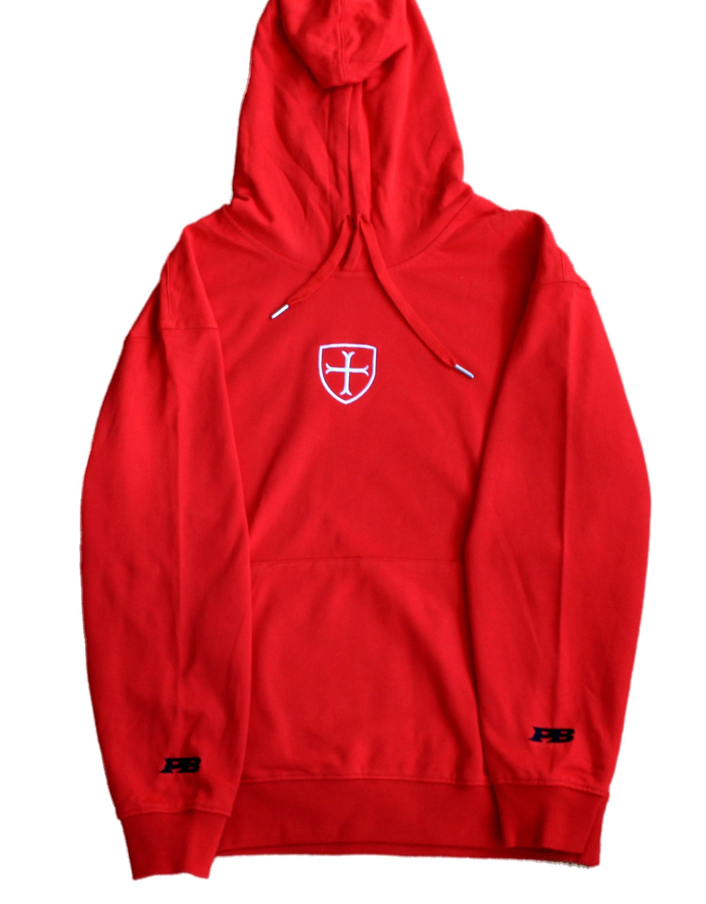 Red hoodie with a white logo