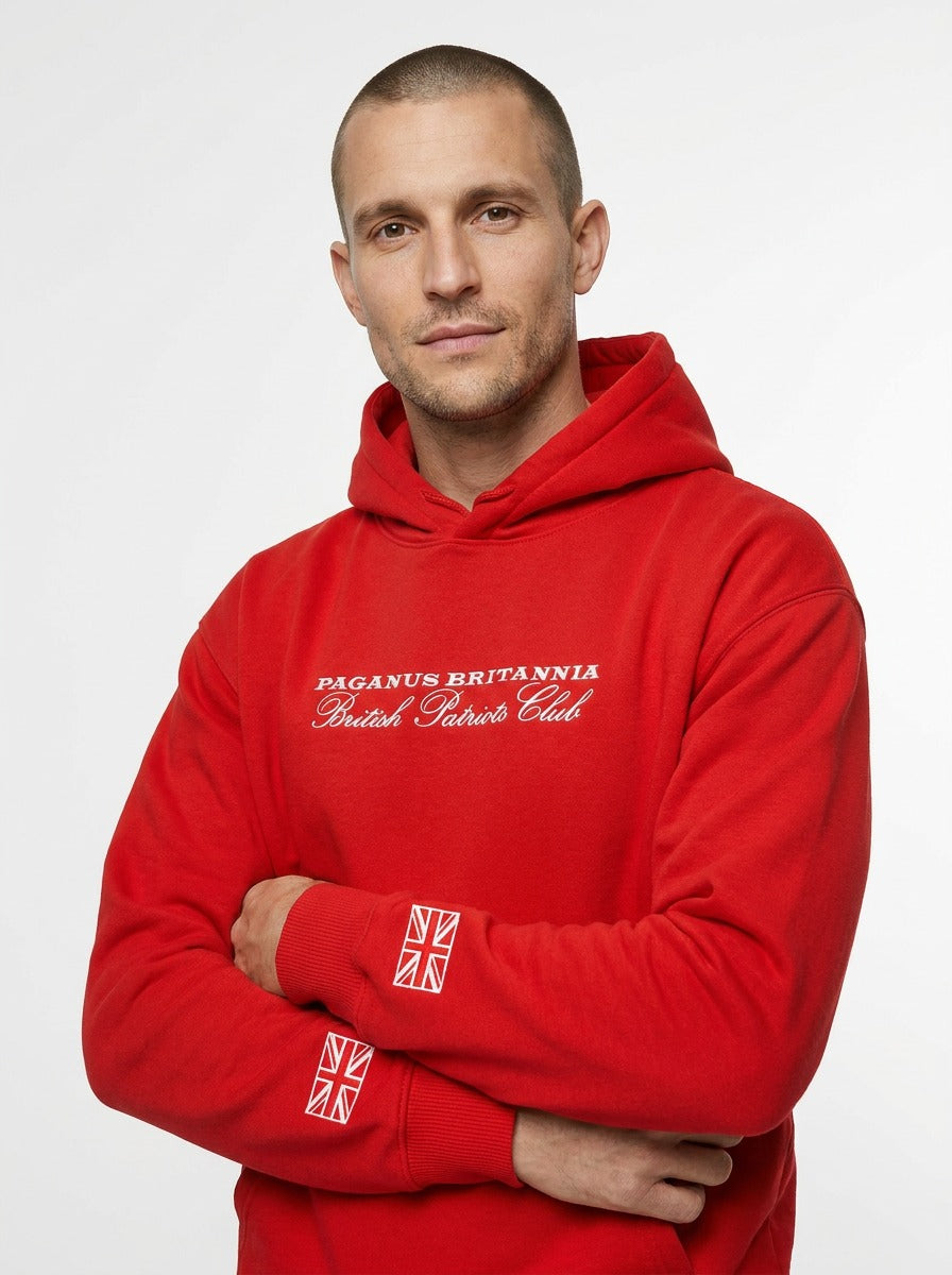 British Patriots Club 500 gsm red cotton hoodie. Paganus Britannia