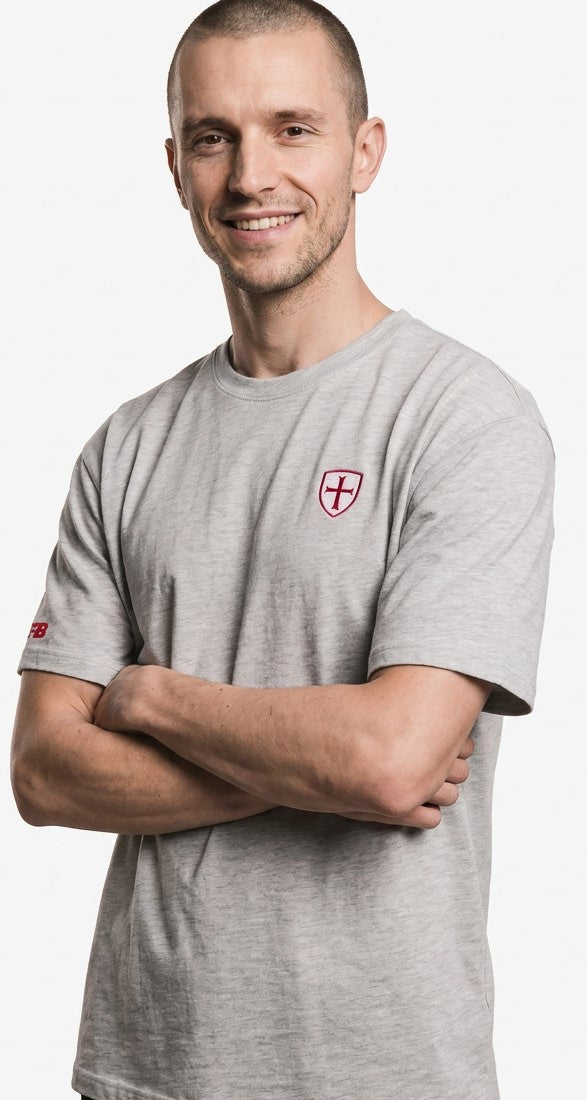 Charity Shield t-shirt, £5 from every sale added to our Key Charities fund. Heather grey Shield t-shirt 280gsm luxury cotton Paganus Britannia