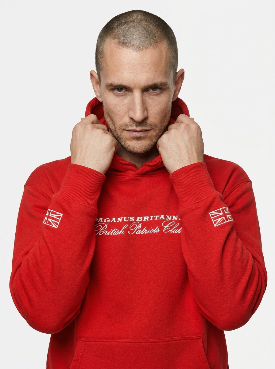 British Patriots Club 500 gsm red cotton hoodie. Paganus Britannia