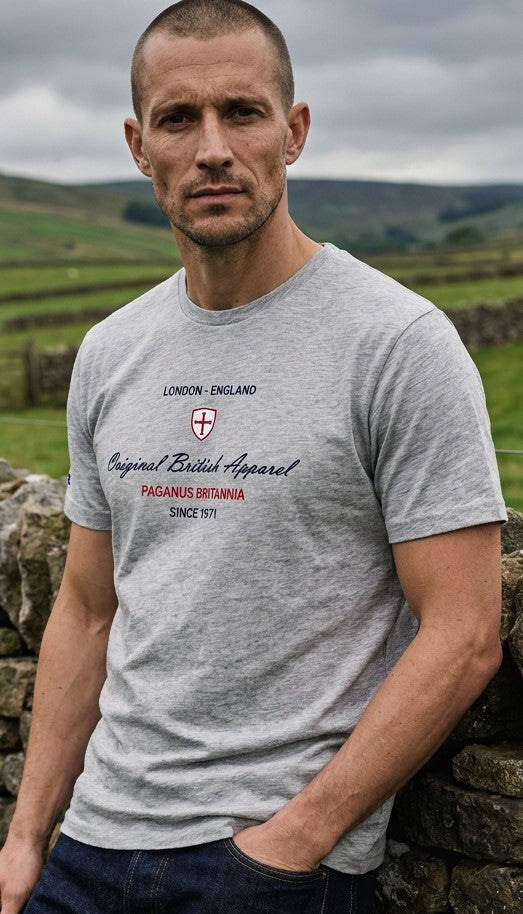 Original British Apparel heather grey ultra heavy 280 gsm cotton t-shirt. £10 discount for advance orders. Paganus Britannia