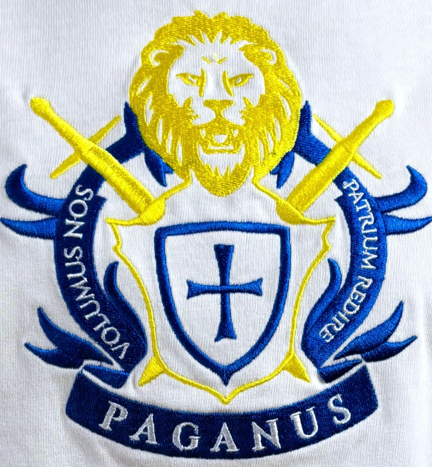 Person wearing a white Paganus t-shirt with a volumus nos patrium redire logo on a white background