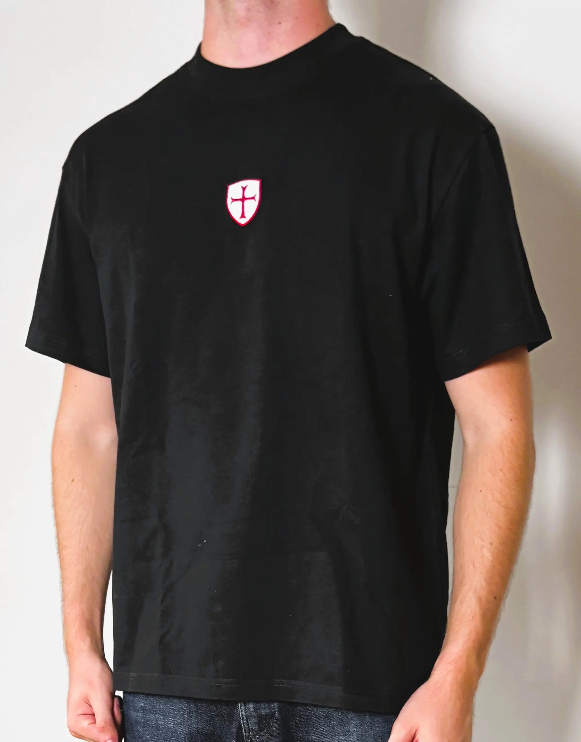 Paganus 260gsm black t-shirt with a red and white patriot shield logo