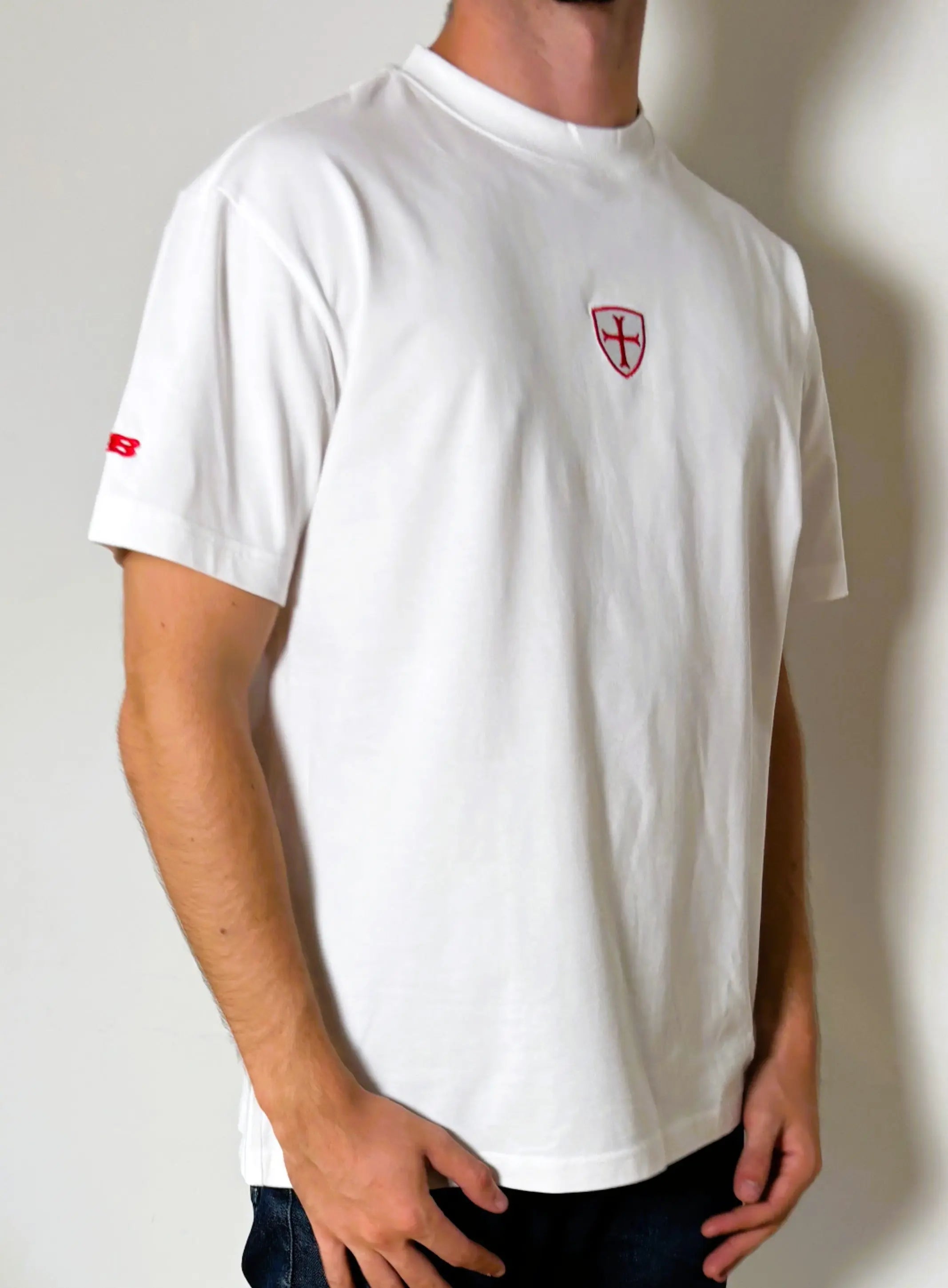 Paganus bone white 260 gsm combed cotton t-shirt with a red shield patriot