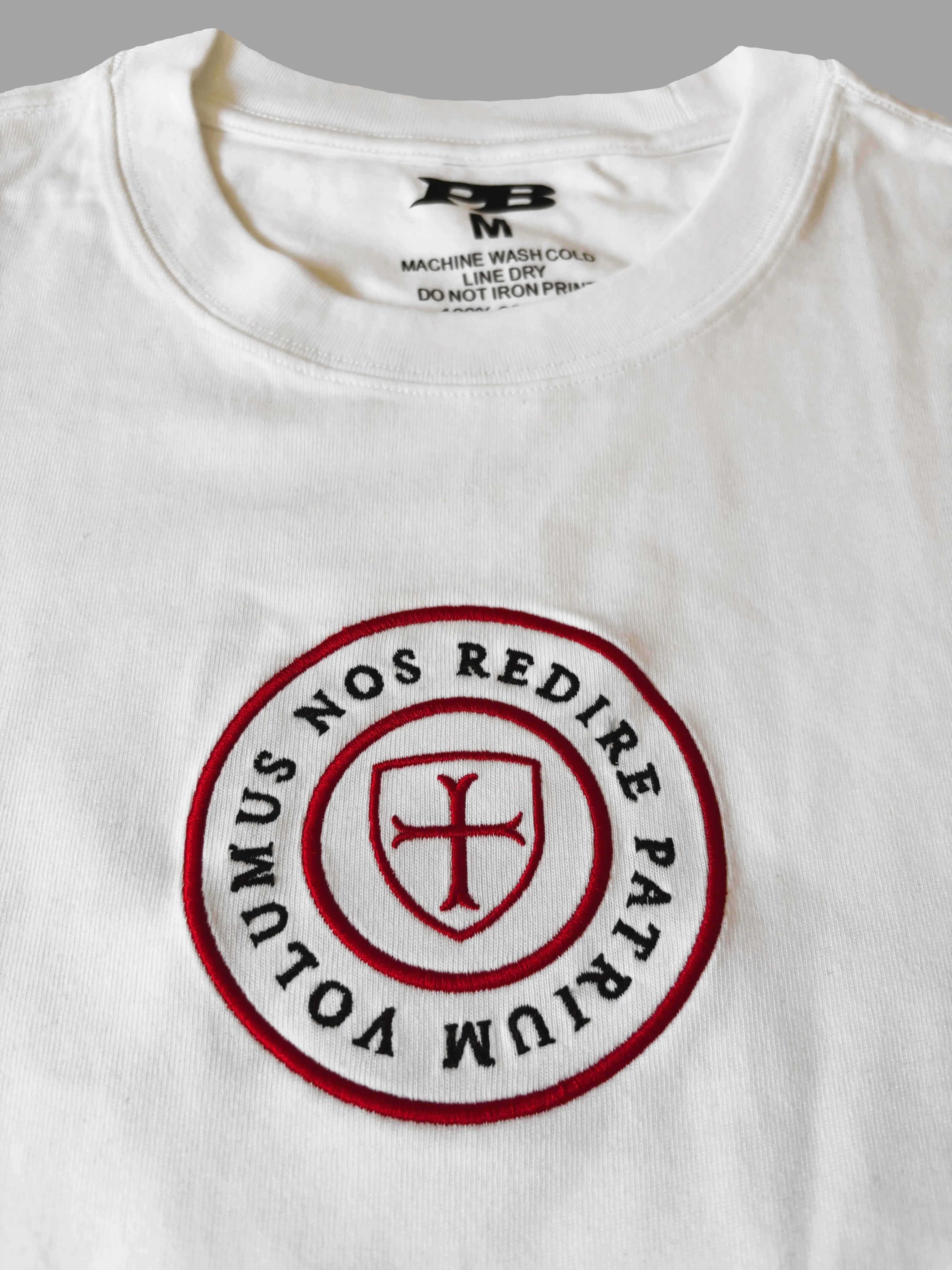 White t-shirt with red and black emblem and text on a white background