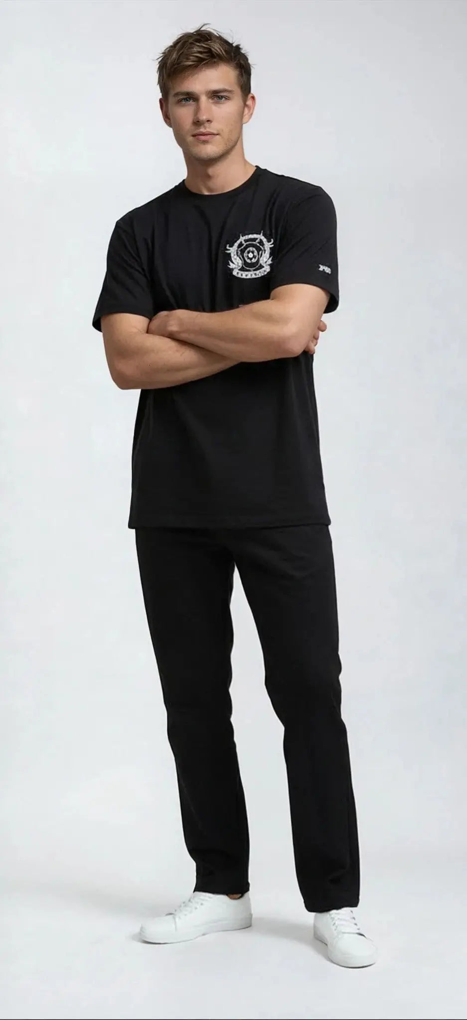 Paganus black t-shirt and pants with a logo on a white background