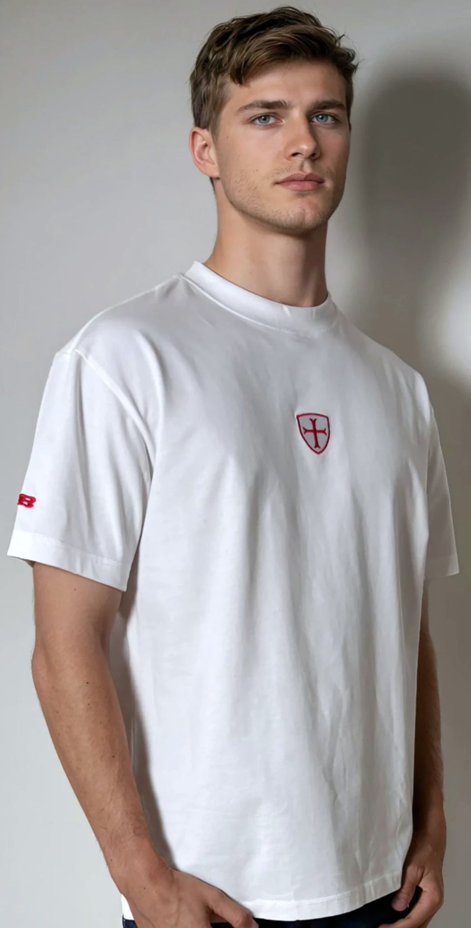 Paganus bone white 260 gsm combed cotton t-shirt with a red shield patriot logo