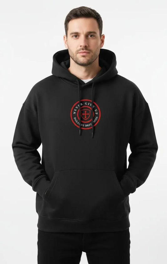 Man wearing a black Paganus Britannia hoodie