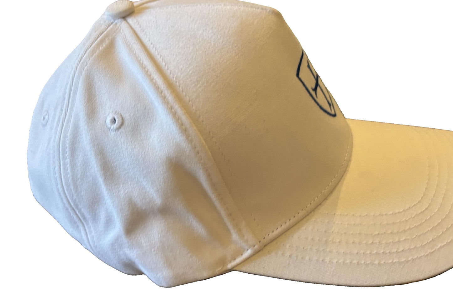 White baseball cap with blue and yellow logo