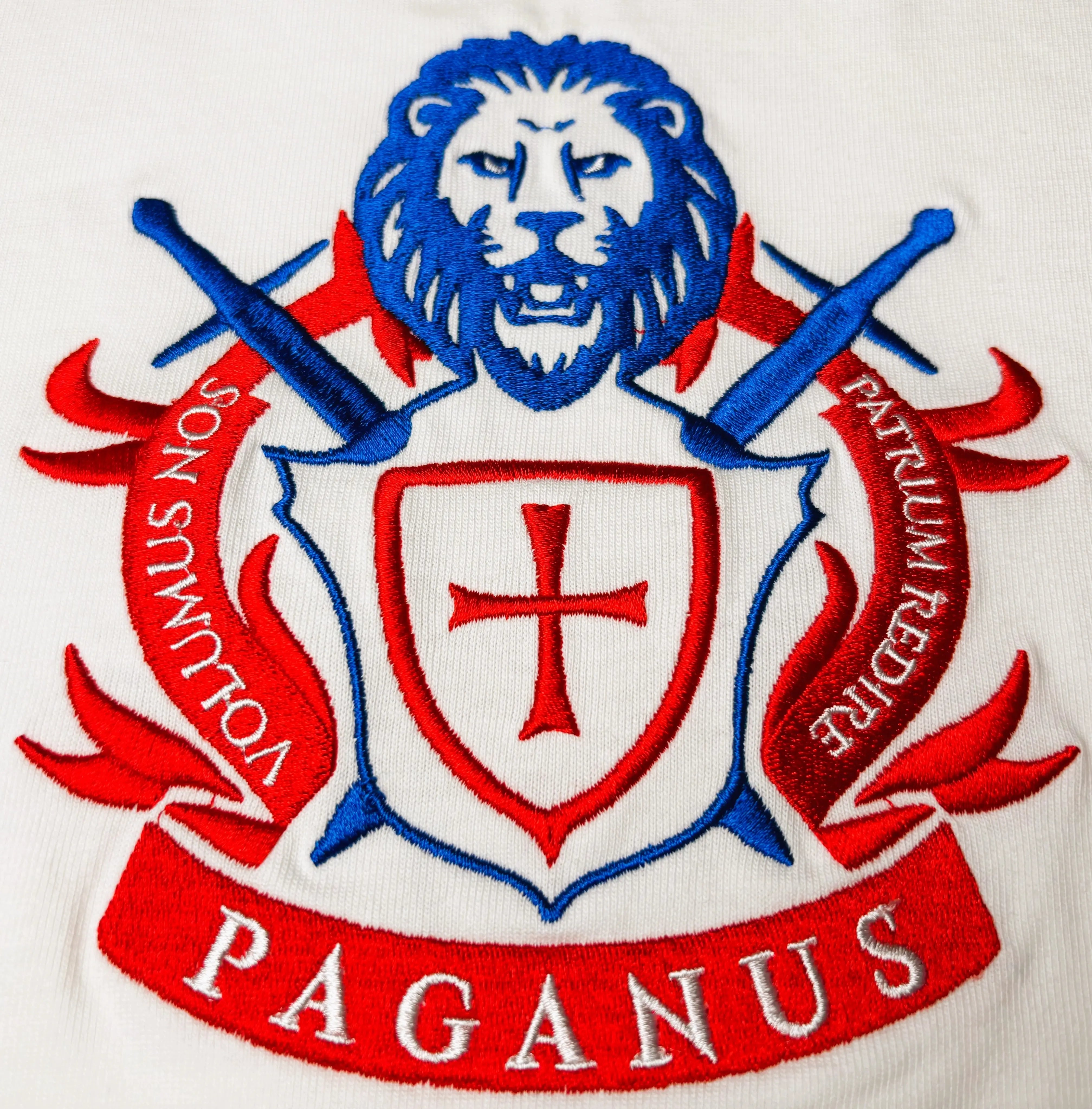 Paganus 280gsm combed cotton white t-shirt with a red and blue Patriot logo. Latin text Volumus nos patrium redire