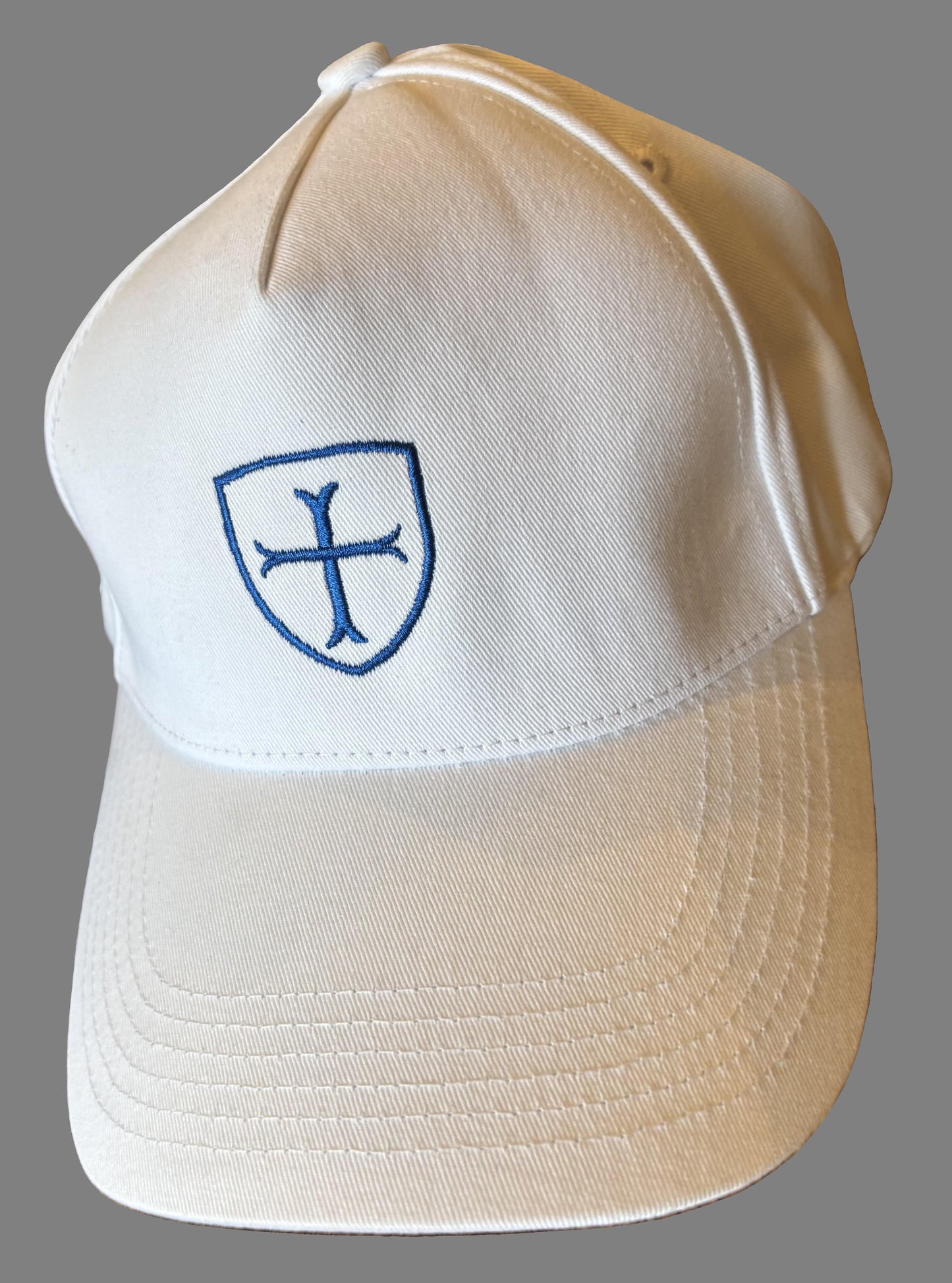 White baseball cap with blue and yellow logo