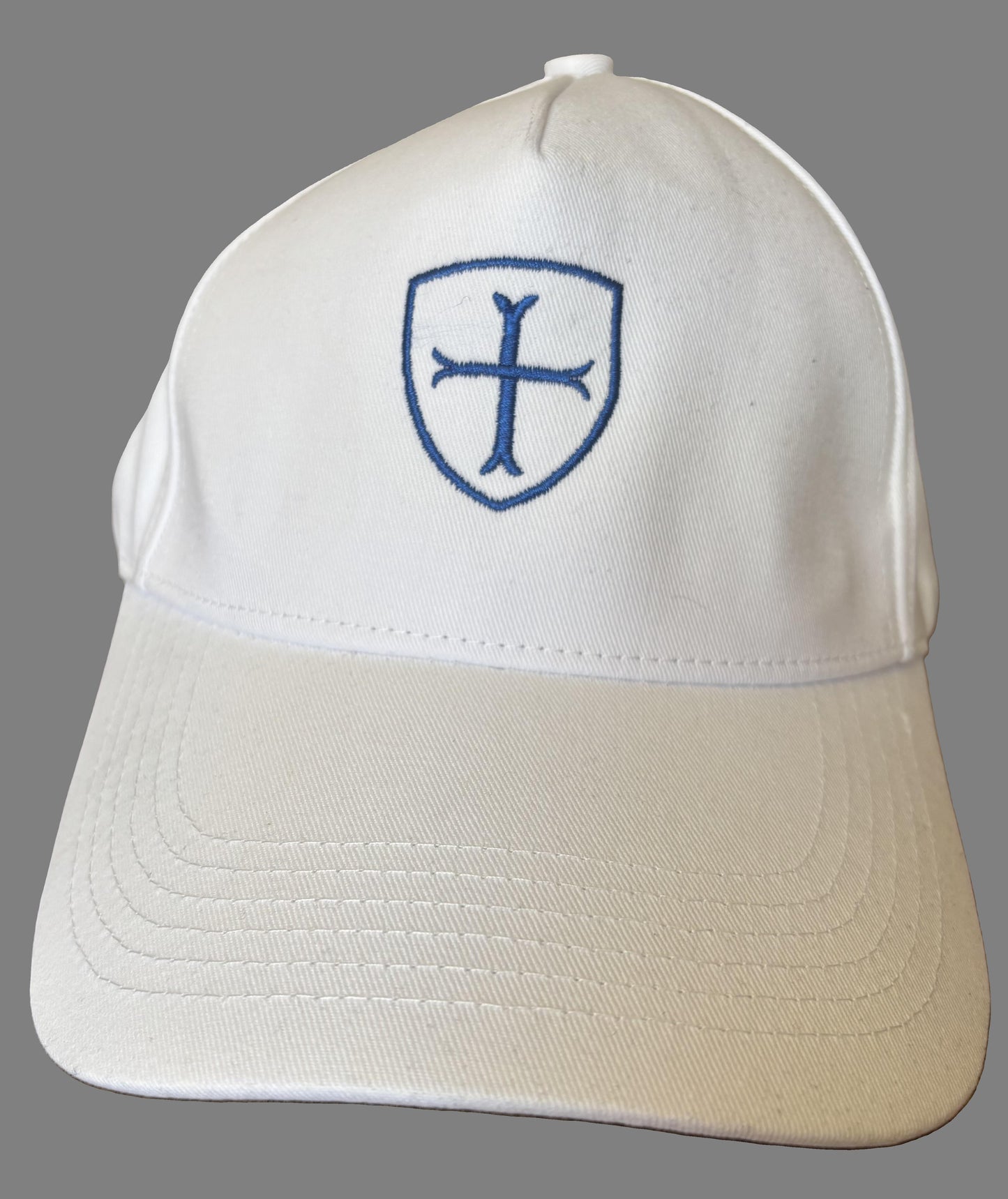 White baseball cap with blue and yellow logo
