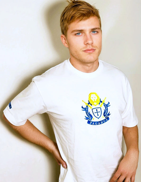 Man wearing a white t-shirt with a logo on a plain background
