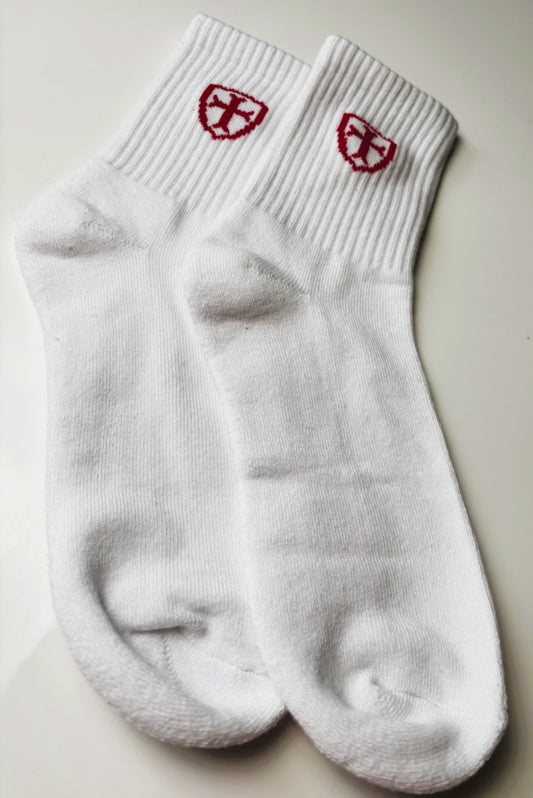 White socks with red logo