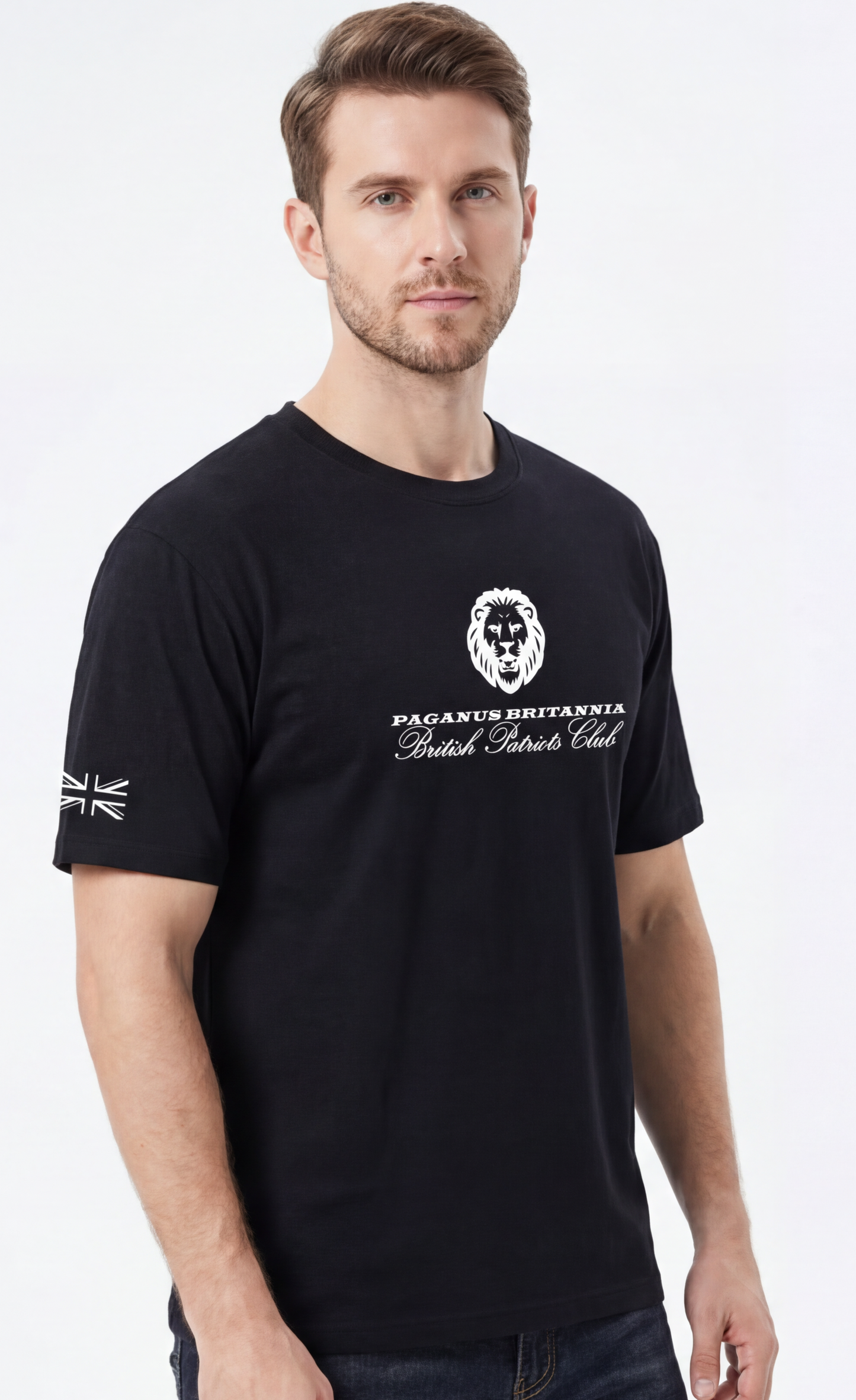 British Patriots Club. Black 280 gsm organic combed cotton t-shirt.