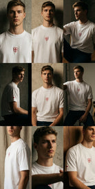 White 260gsm organic combed cotton t-shirt with shield logo. Paganus Britannia