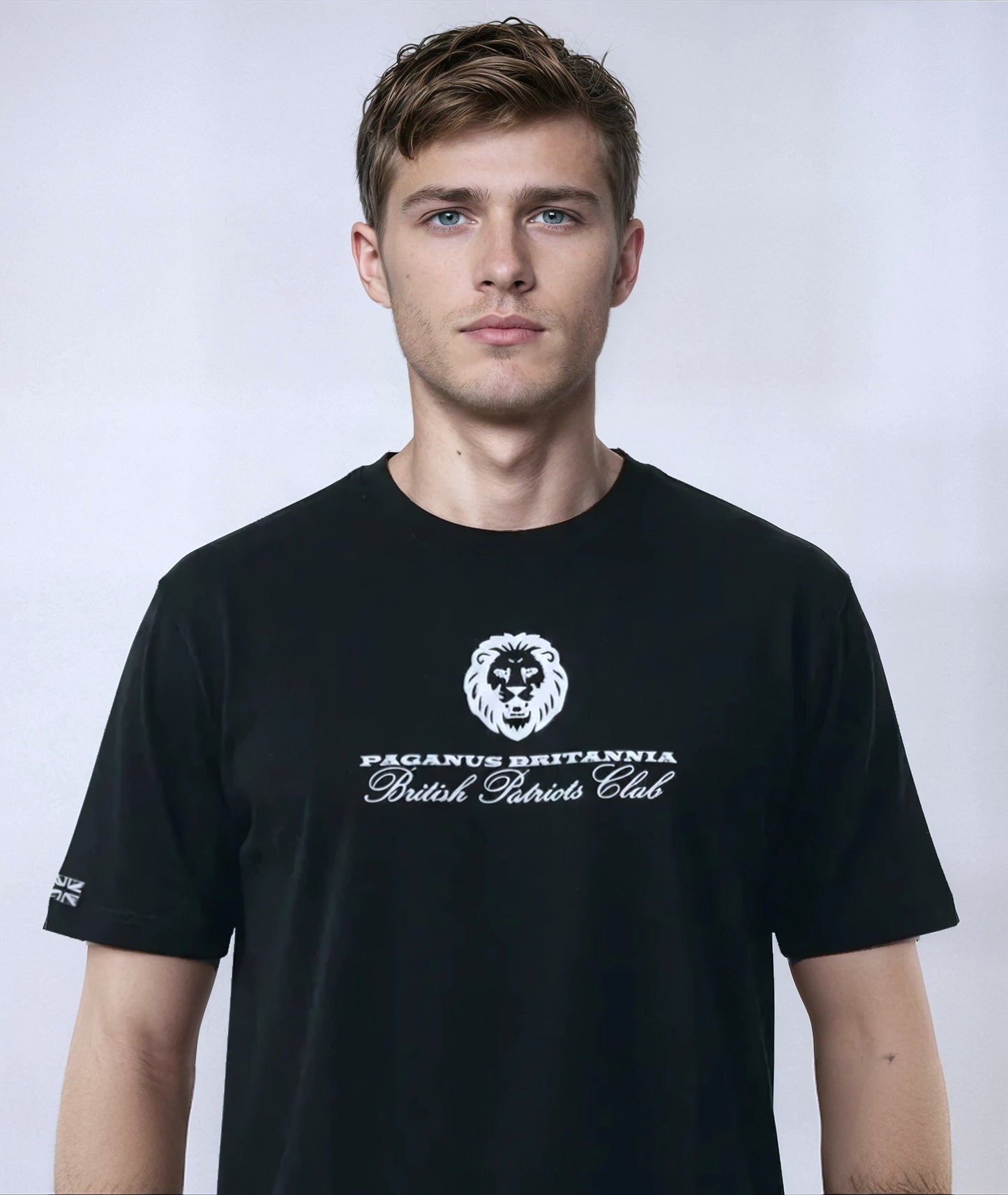 British Patriots Club. Black 280 gsm organic combed cotton t-shirt. Paganus Britannia